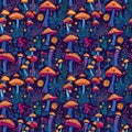 Happy Mushrooms seamless pattern design, Psychedelic Decorative in Neon Colors