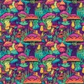 Happy Mushrooms seamless pattern design, Psychedelic Decorative in Neon Colors