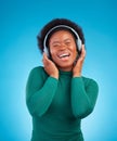 Happy, music and headphones with black woman in studio for streaming, singing and relax. Online radio, technology and