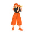 Happy Musical Redhead Girl Character Standing and Playing Flute Vector Illustration