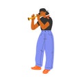 Happy Musical Woman Character Standing and Playing Flute Vector Illustration