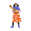 Happy Musical Woman Character Standing and Playing Ukulele Vector Illustration