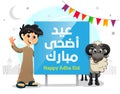 Happy muslim boy holding a banner celebrating Adha Eid with a Adha sheep