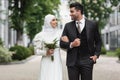 happy muslim bride in wedding hijab