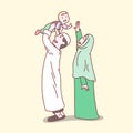 Happy Muslim family, simple line cartoon Illustration