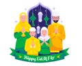 Happy Muslim Family and greeting and celebrating Eid Mubarak. Muslim people wish and greet Eid al-Fitr