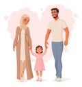 Happy Muslim family holding hands and walking. Isolated vector illustration. Royalty Free Stock Photo