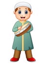 Happy Muslim kid cartoon playing tambourine Royalty Free Stock Photo