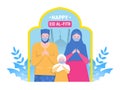 Happy Muslim parents and child pray on religious holiday characters on cartoon flat vector