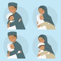 Happy Muslim Parents Hugging Their Children Vector Set