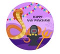 Happy Nag Panchami greeting card with king cobra. Snake Festival in India. Vector illustration. Royalty Free Stock Photo