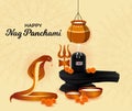 Happy Nag Panchami greeting card with king cobra Snake, milk, shivling. Hindu Worship Festival India. Realistic design Poster Royalty Free Stock Photo