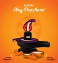 Happy Nag Panchami greeting card with king cobra Snake, milk, shivling. Hindu Worship Festival India. Realistic design Poster