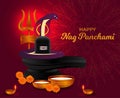 Happy Nag Panchami greeting card with king cobra Snake, milk, shivling. Hindu Worship Festival India. Realistic design Poster Royalty Free Stock Photo