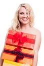 Happy naked woman with gifts