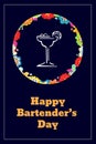 Greeting card, poster for world national bartender day in doodle style. Flower wreath and margarita cocktail