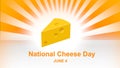 Happy National Cheese Day lettering on colourful sunbeam background. National Cheese Day Poster and banner, June 4.