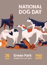Happy National Dog Day 26 august poster vector flat illustration. Different breed of cartoon dogs show isolated on gray
