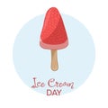 Happy National Ice Cream Day card. Hand-drawn vector illustration of fruit pomegranate ice cream on a stick.