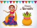 Happy navratri celebration card lettering with beautifull woman dancing