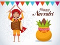 Happy navratri celebration card lettering with man playing drum and plant