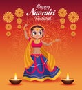 Happy navratri celebration card lettering with woman dancing and candles