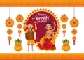 Happy navratri celebration card lettering with woman dancing and man playing drum