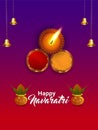 Happy navratri celebration flyer with vector kalash and diwali diya on creative background