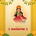 Happy Navratri Celebration Greeting Card With Sticker Style Goddess Durga Maa Killing Mahishasura Demon And Marigold Flowers,