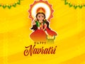 Happy Navratri Celebration Poster Design With Sticker Style Goddess Durga Maa Killing Mahishasura Demon On Yellow