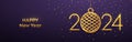 Happy New 2024 Year. Hanging Golden metallic numbers 2024 with shining 3D gold ball bauble and confetti on purple background. New Royalty Free Stock Photo