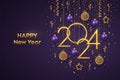 Happy New 2024 Year. Hanging Golden metallic numbers 2024 with shining 3D metallic stars, balls, confetti on purple background. Royalty Free Stock Photo