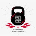 Happy new achievements in the new year 2022. Vector. Black kettlebell with glares in the form of lightning and the words 20 22