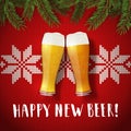 Happy new beer glasses poster on a christmas sweater background