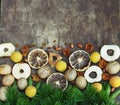 Happy New Happy full harvest year 2021. Branches of a Christmas tree are laid out on a wooden background. Christmas background Royalty Free Stock Photo