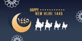 Happy new hijri year 1445 background with arabic letter, moon, people on camel, muslim ornament. Islamic banner poster