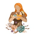 Happy new mom holds her baby in her arms.Vector illustration in a modern style of motherhood and childcare