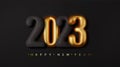 Happy New 2023 realisti golden numbers and on black background. Merry Christmas Greeting card. Vector 3d rendering.