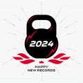 Happy new records in the new year 2024. Black kettlebell with glares in the form of lightning, fire and the words 2024