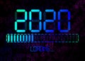 Happy new year 2020 with loading icon in flat ciano led neon digital time style. Display progress bar almost reaching new year`s