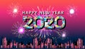 Happy new year 2020 text Colorful Geometry vector illustration - Fireworks Golden - Building In The City. Royalty Free Stock Photo