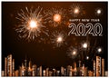 Happy new year 2020 text- Fireworks Golden - Building in the city- background Vector illustration.