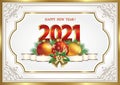 Happy New Year 2021. Christmas decoration in original gold frame with ornament. Vector illustration Royalty Free Stock Photo
