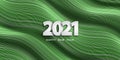 Happy new year 2021. Festive green striped background with silver numbers 3D. Warped surface. Striped wavy poster.