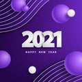 Happy new year 2021. Festive purple background with silver numbers and balls 3D. Violet paper cut background.