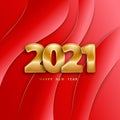 Happy new year 2021. Festive red background with golden numbers 3D. Paper cut backdrop. Poster with wavy stripes.