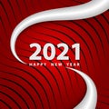 Happy new year 2021. Festive red background with white numbers and waves pattern. Vector illustration 3D. Royalty Free Stock Photo