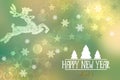 Happy New year 2024 card. Abstract festive elegant green gold glittering greeting card with bokeh circles, glowing christmas stars Royalty Free Stock Photo