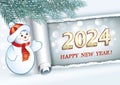 Happy New Year 2024. Greeting card with cheerful snowman on background of poster in the form of rolled paper with the date 2024.