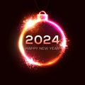 Happy New Year 2024 neon Christmas ball sign. Royalty Free Stock Photo